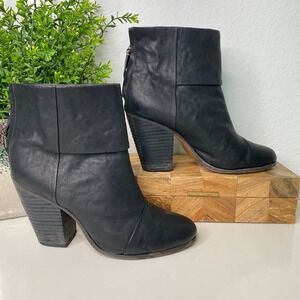 Rag & Bone Newbury Black Leather Cuff Block Heel Ankle Boots Size‎ 40 EU/10 US